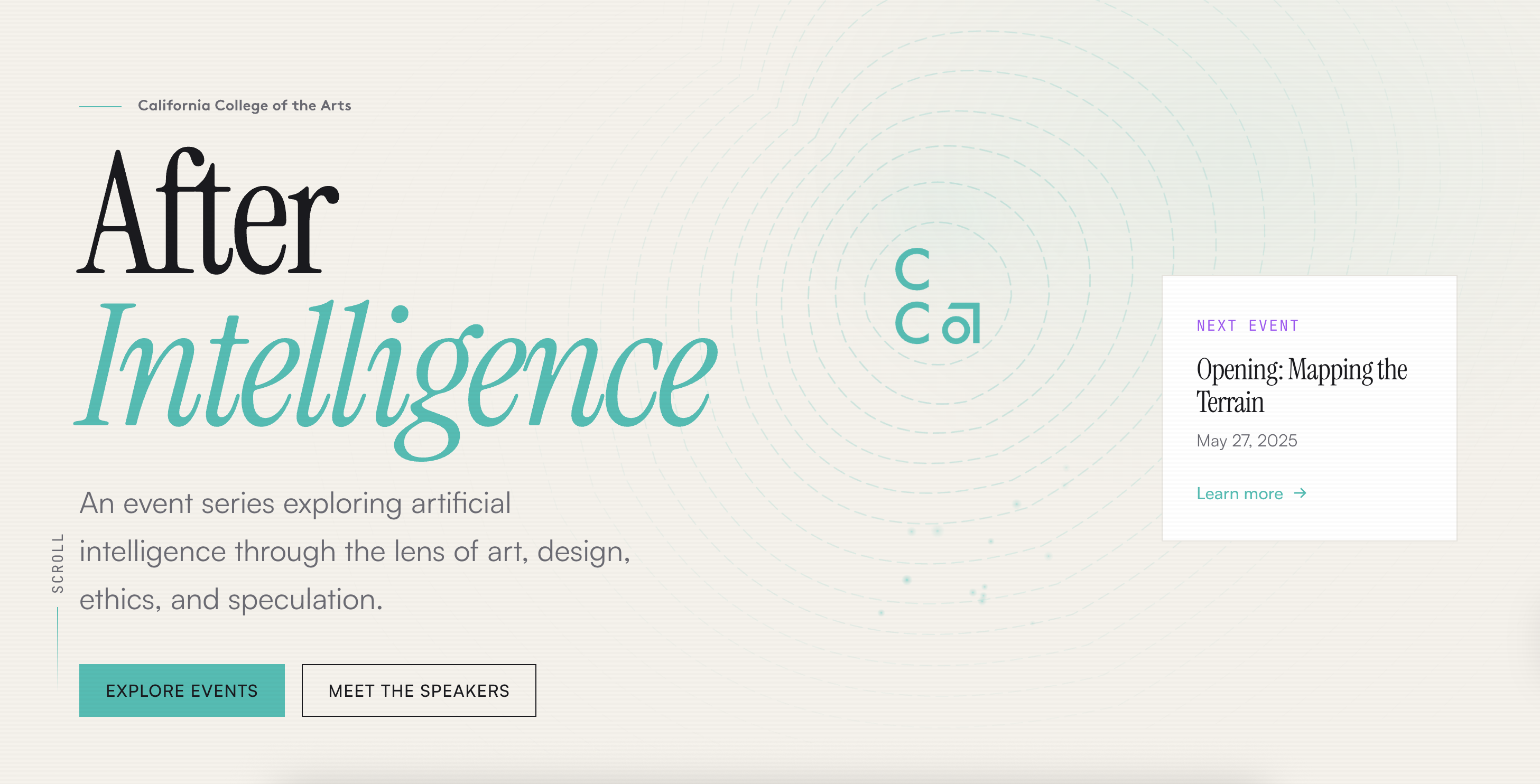 After Intelligence microsite homepage showing dark minimal aesthetic