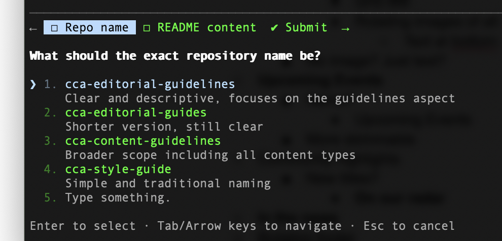 Claude Code interactive prompt showing repository name options with descriptions