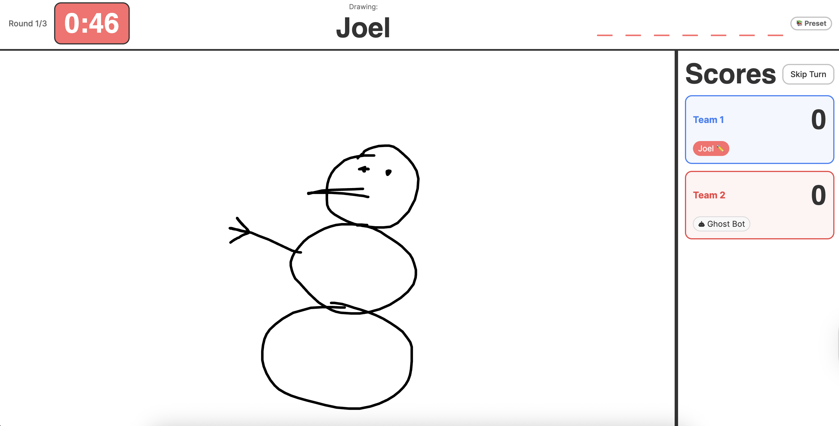 Screenshot of the Pictionary game showing a hand-drawn snowman with a timer, scores, and team information