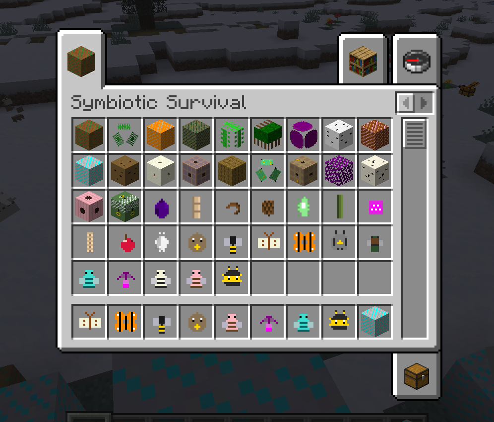 All the custom blocks, items, and mobs in the Symbiotic Survival creative inventory